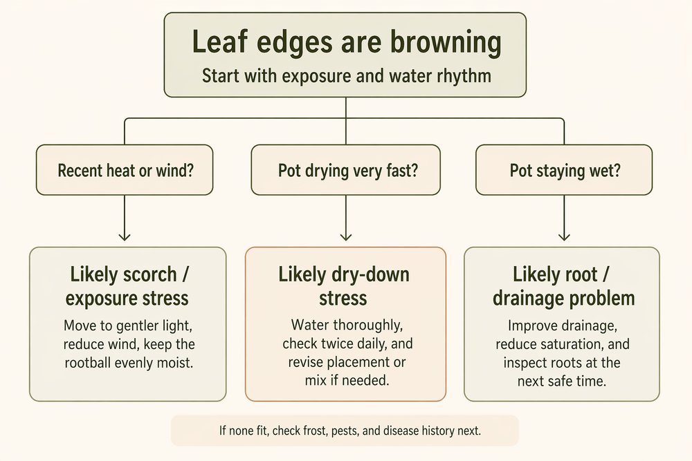 Flowchart for diagnosing leaf browning on Japanese maple bonsai